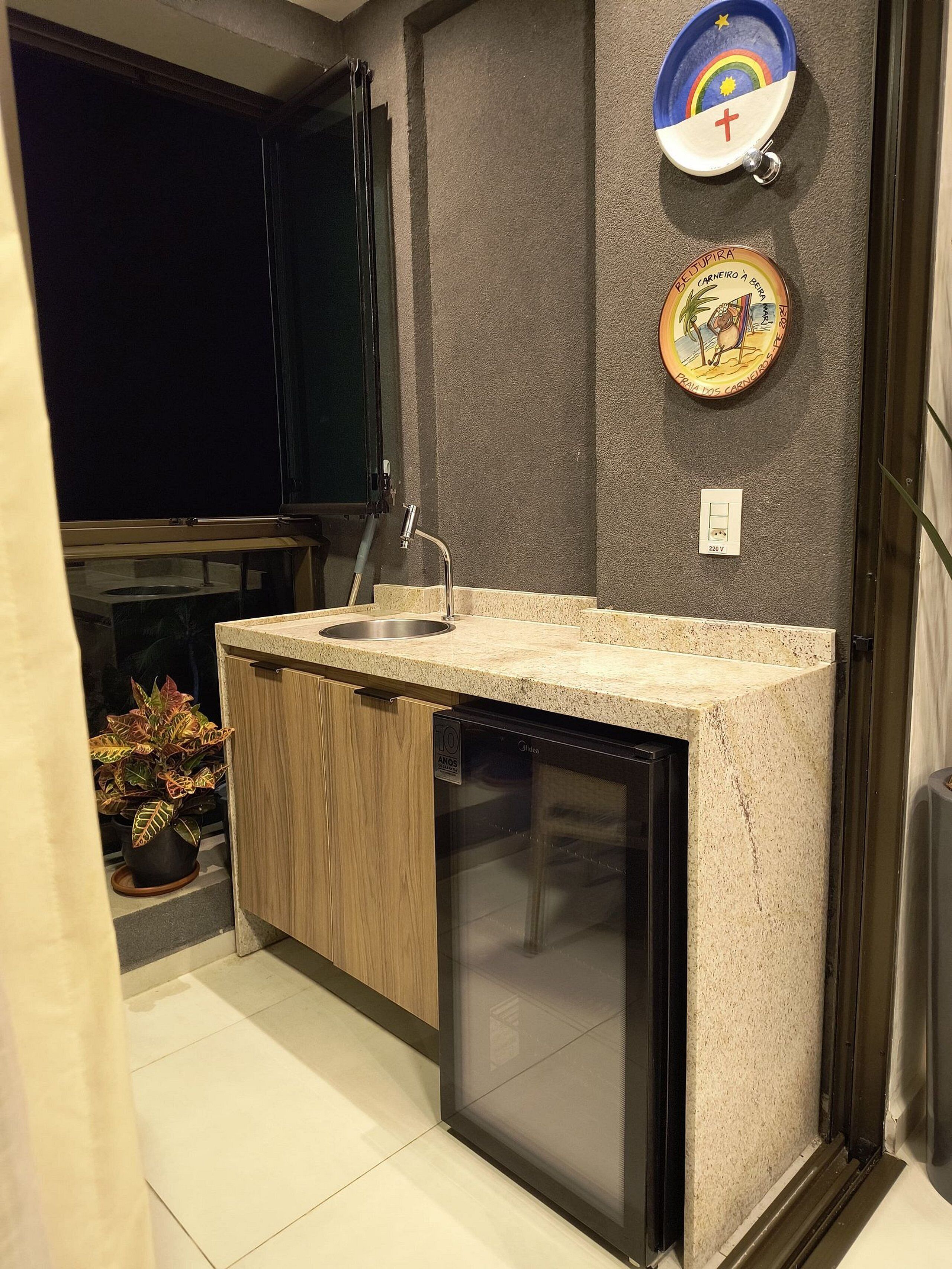 A compact kitchen with a sink, a dishwasher, and a potted plant.