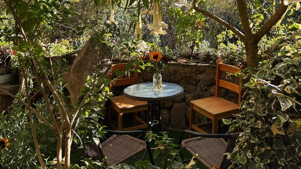 An outdoor seating area with a round table and chairs, surrounded by lush greenery and a view of mountains. - Sara Garden Lodge (Ollantaytambo)