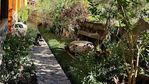 A stone pathway leading to a building with a mountain backdrop. - Sara Garden Lodge (Ollantaytambo)