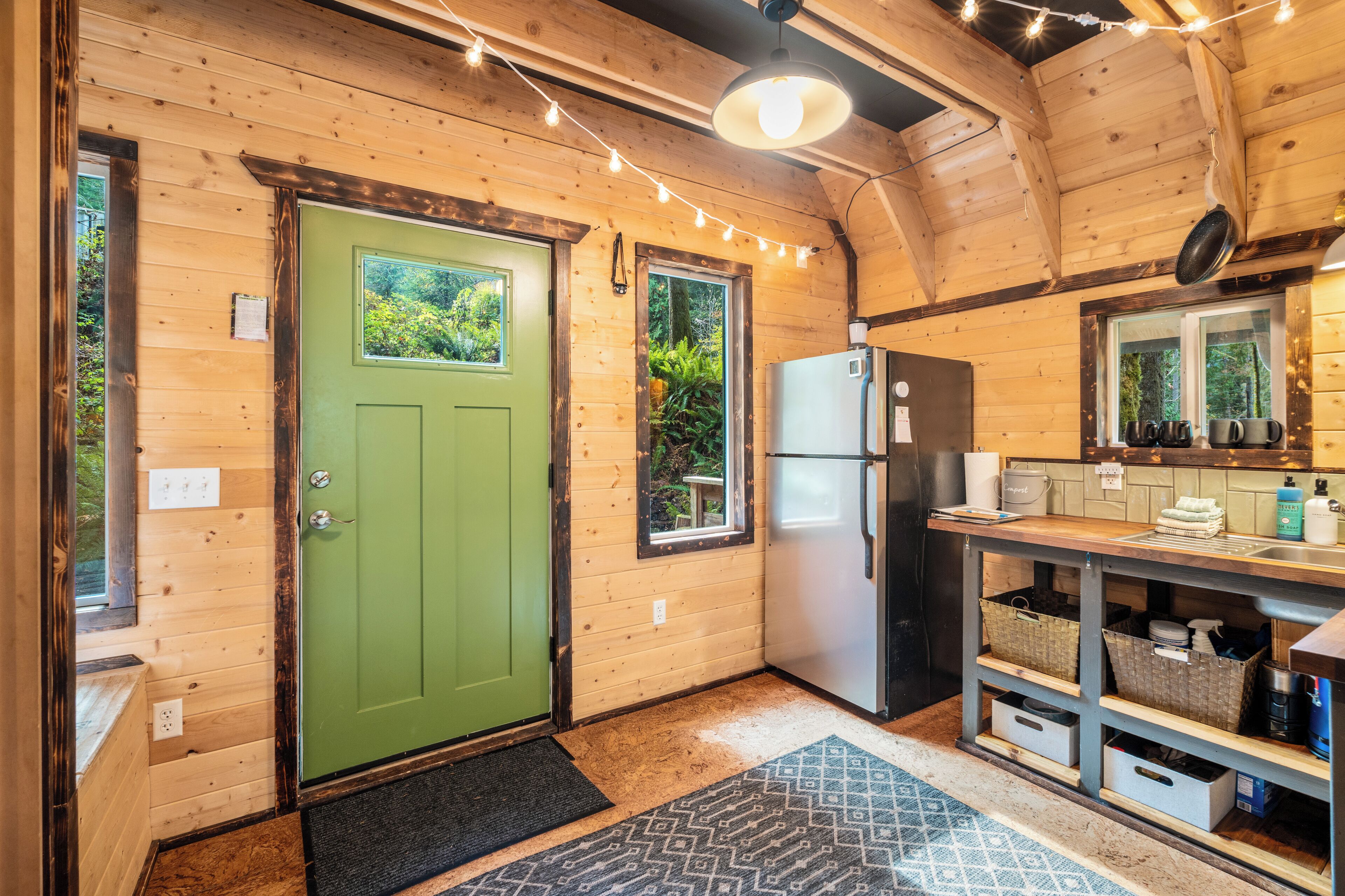 A wooden cabin interior with a green door, a refrigerator, a sink, and a window overlooking greenery.