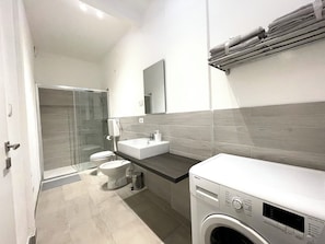 Shower, hair dryer, bidet, towels