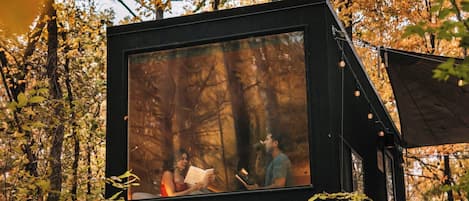 A small, black cabin in a forest with a large window.
