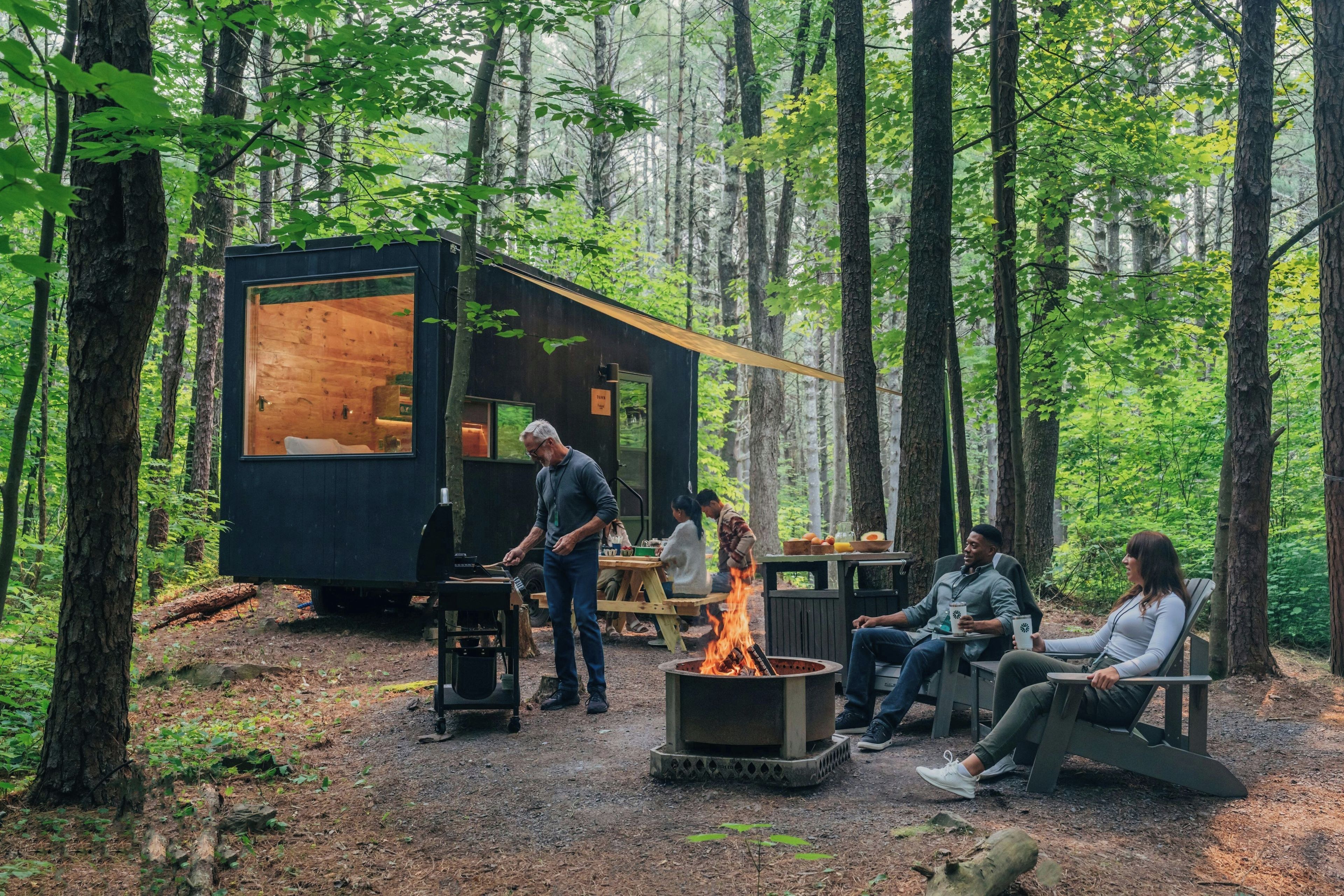 Ein Wald mit einer kleinen Holzhütte und einer Feuerstelle.