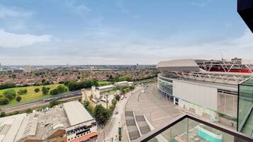 A stadium with a modern design, surrounded by a mix of urban and green spaces.