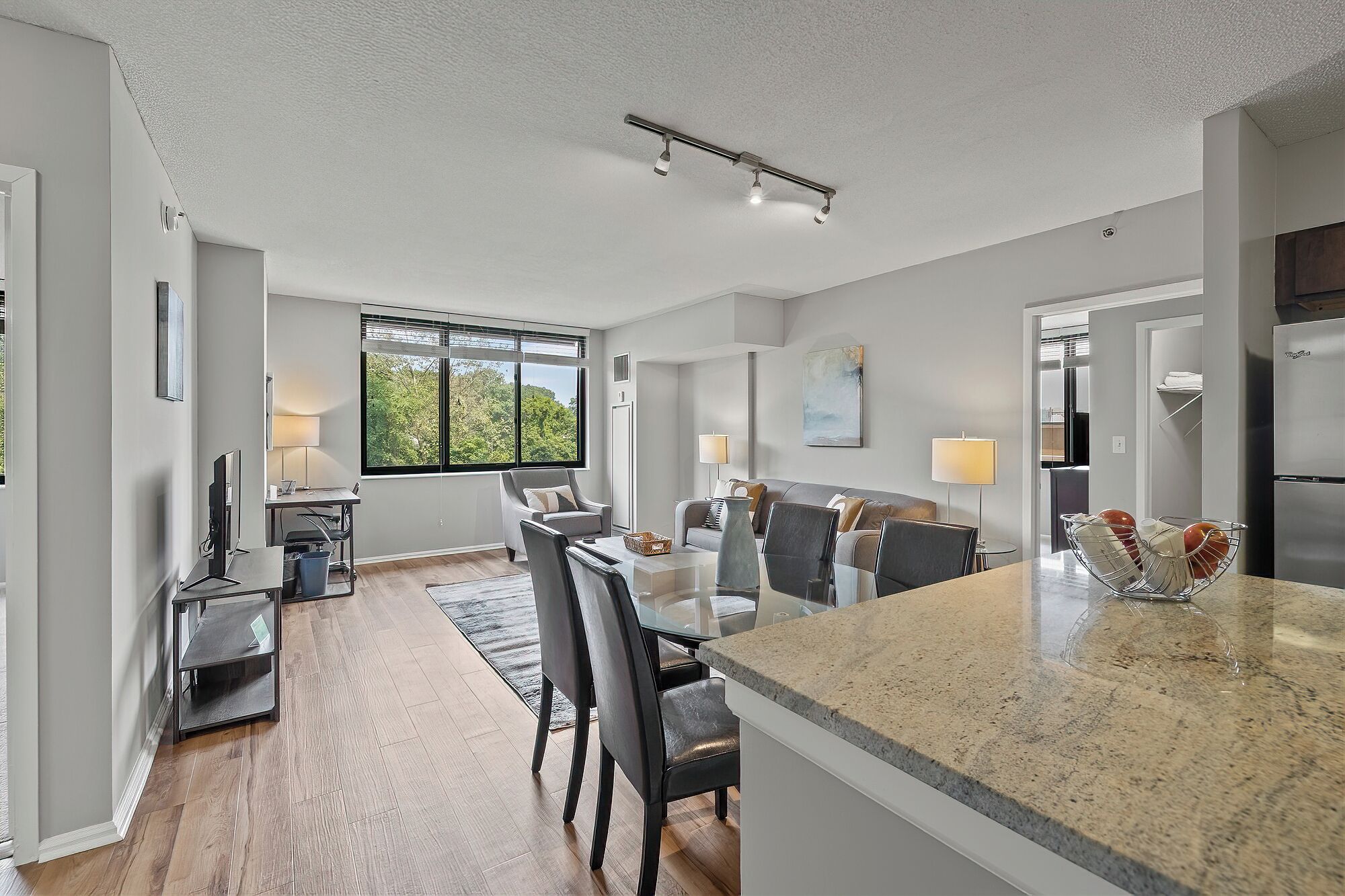 Deluxe Apartment, Kitchen | Living area | TV