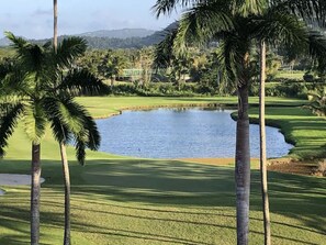 A golf course with a pond, palm trees, and a view of distant hills. - Rio Grande Rio Mar cluster 2,Vista Del Mar- View (Río Grande)