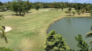 A golf course with a water hazard, palm trees, and a clear sky. - Rio Grande  Rio Mar cluster 2,Vista Del Mar- View (Río Grande)