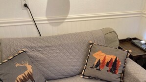 Un sofá acolchado gris con dos cojines decorativos con estampados de animales.