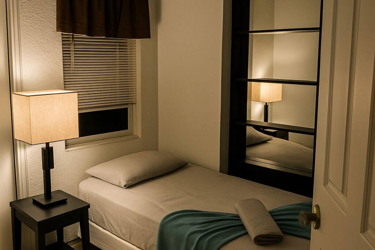 A small, neatly arranged bedroom with a single bed, a bedside table with a lamp, a window with blinds, and a door.