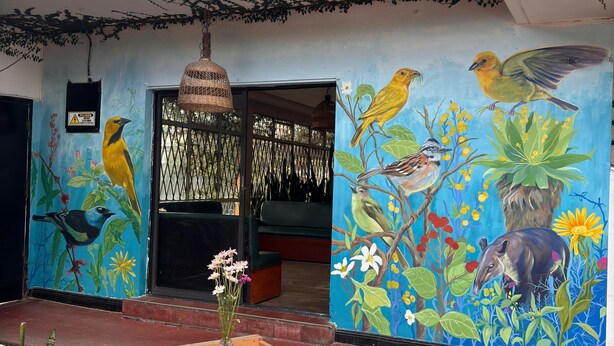 A building with a mural of birds and flowers on the wall, a table with a checkered tablecloth, and a wooden crate outside. - Hostal Terraza Morobik Ancestral (Popayán)