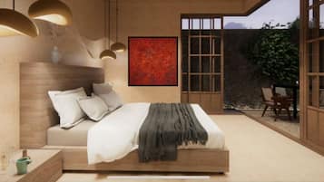 Habitación Deluxe, 1 cama King size, patio | Sábanas de algodón egipcio, ropa de cama de alta calidad y edredón