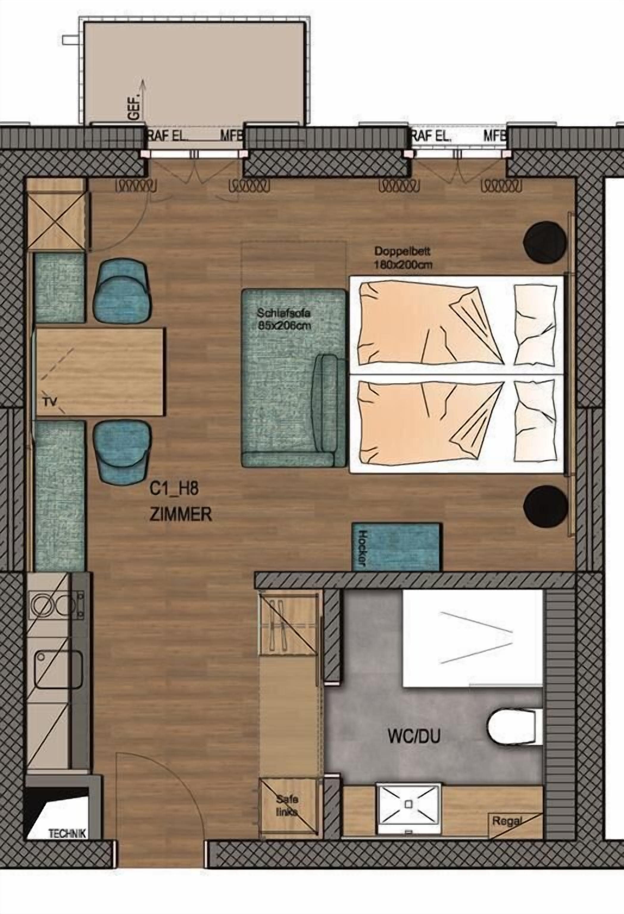A hotel room layout with a double bed, a sofa bed, a TV, a safe, a WC, and a small kitchenette.