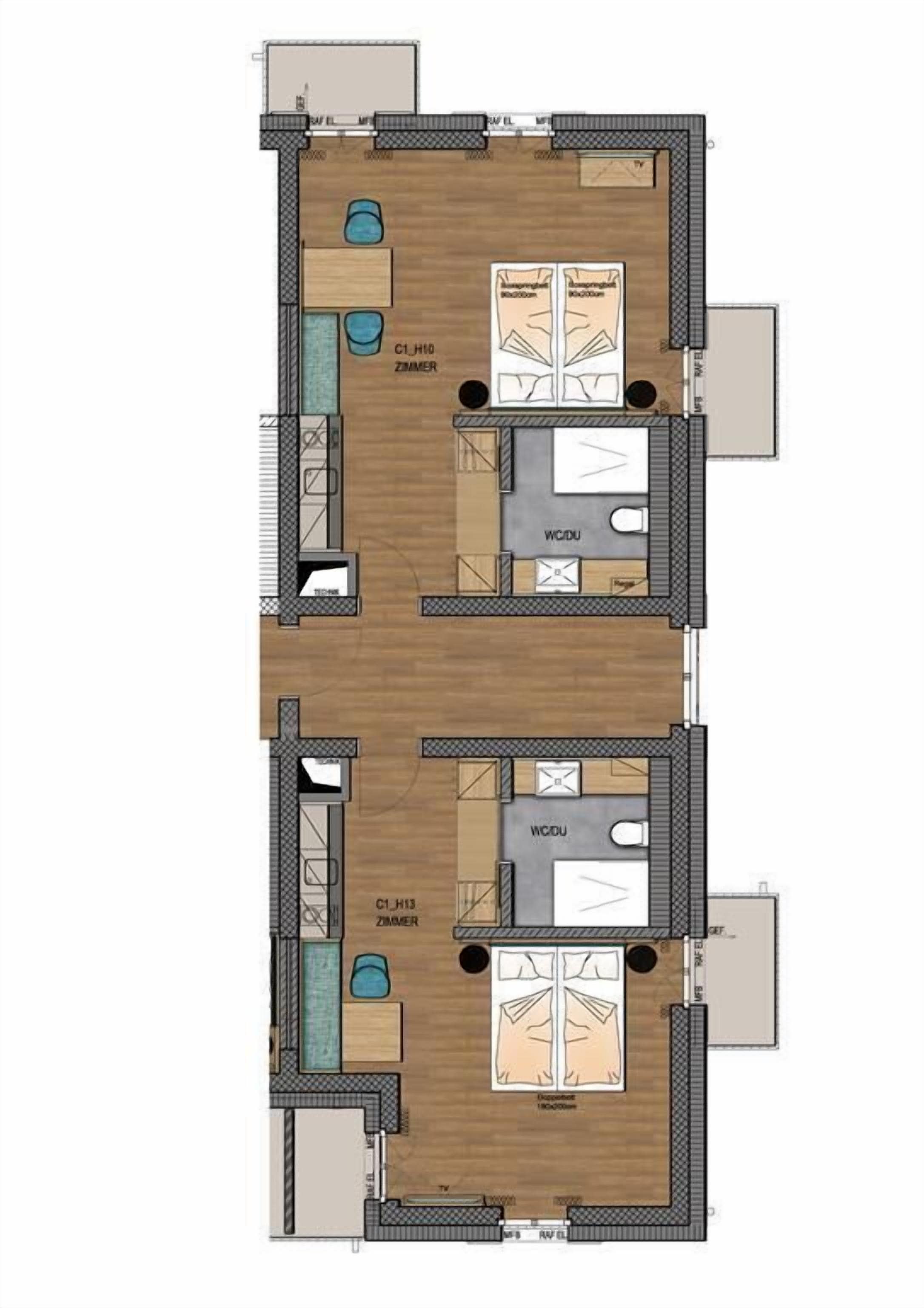 Un plan d’étage d’hôtel comprenant deux chambres, deux salles de bain, un espace de vie et une petite cuisine.
