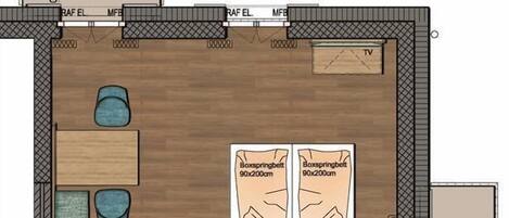 A hotel room layout with a double bed, two single beds, a TV, a WC, a small bathroom, a sitting area with a table and chairs, and a balcony.