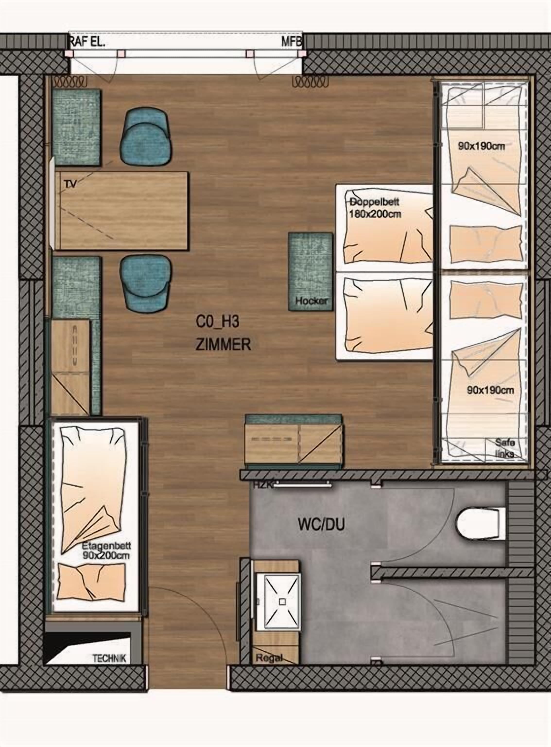 A hotel room layout with a living area, a kitchenette, a bathroom, and a bedroom.