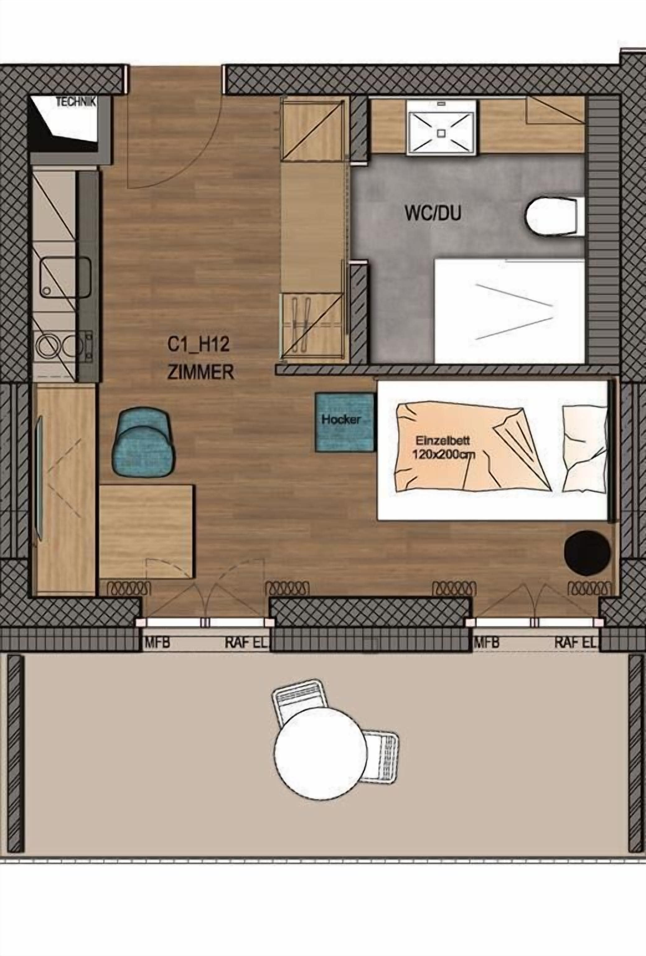 Ein Zimmerlayout mit Toilette und Dusche, einem Bett mit der Bezeichnung C1_H12, einer kleinen Sitzecke und einer Küchenzeile.
