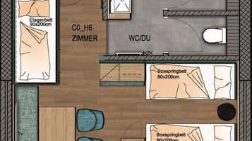 A hotel layout with a living room, WC/DU, and two bedrooms.