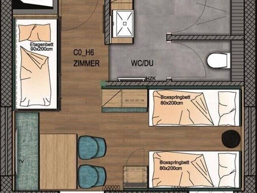 A hotel layout with a living room, WC/DU, and two bedrooms.