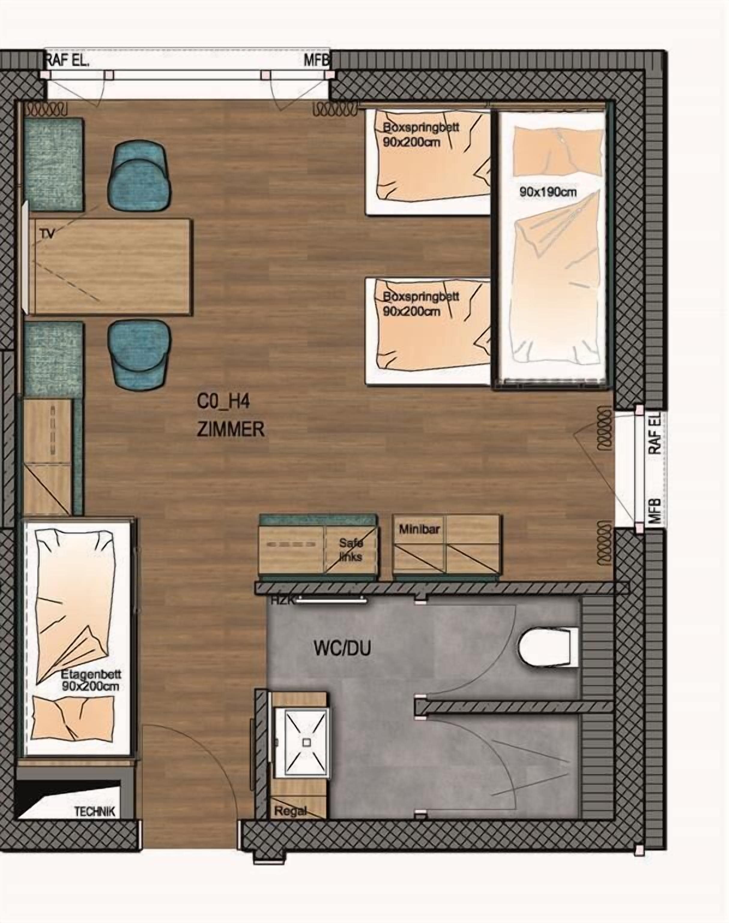 Distribución de una habitación de hotel con sala de estar, dos dormitorios, un baño y una kitchenette.
