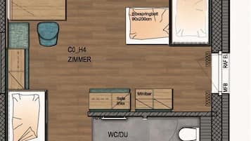Distribución de una habitación de hotel con sala de estar, dos dormitorios, un baño y una kitchenette.