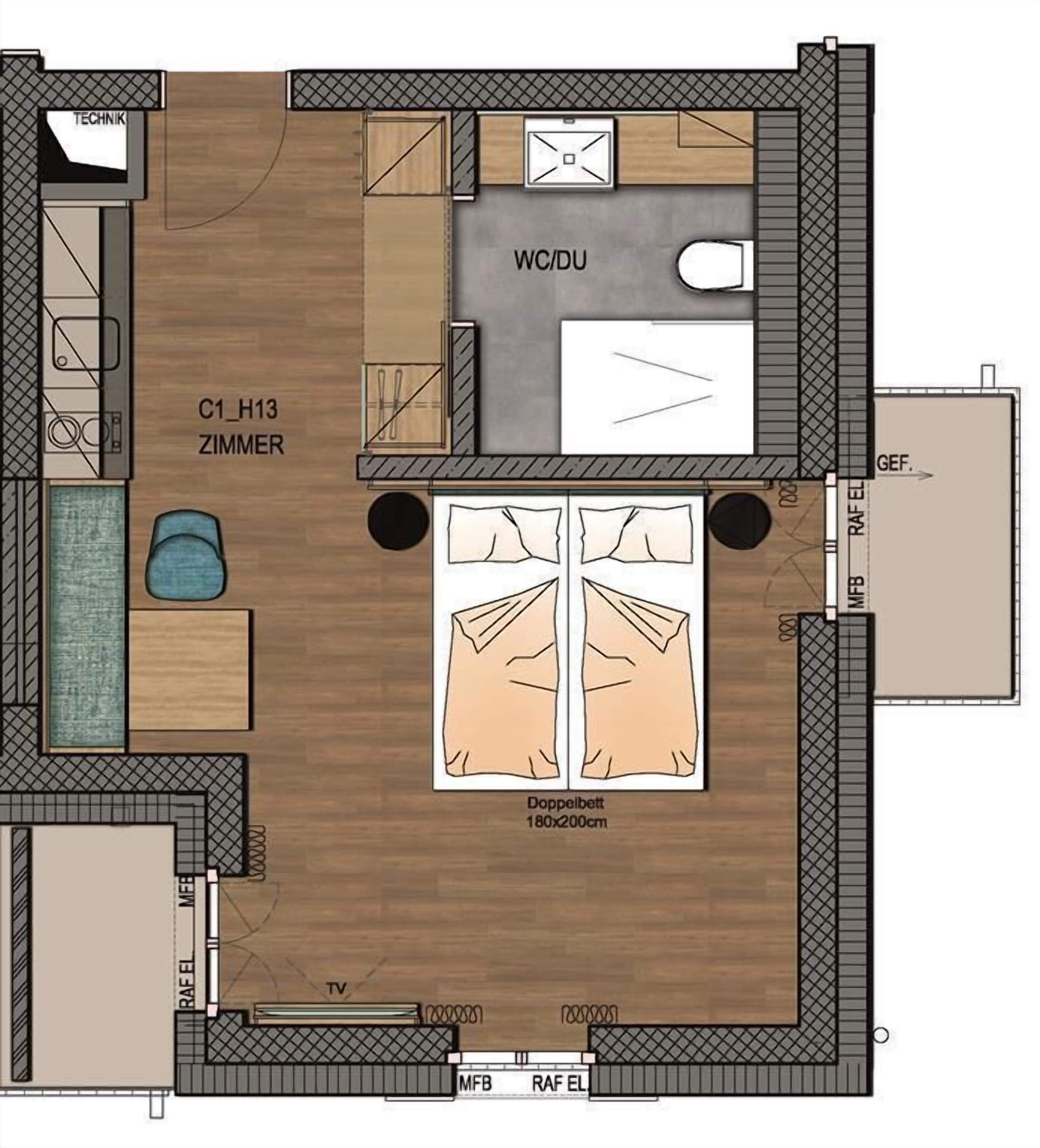 A hotel room layout with a double bed, a small bathroom, a WC/DU, a kitchenette, and a TV.