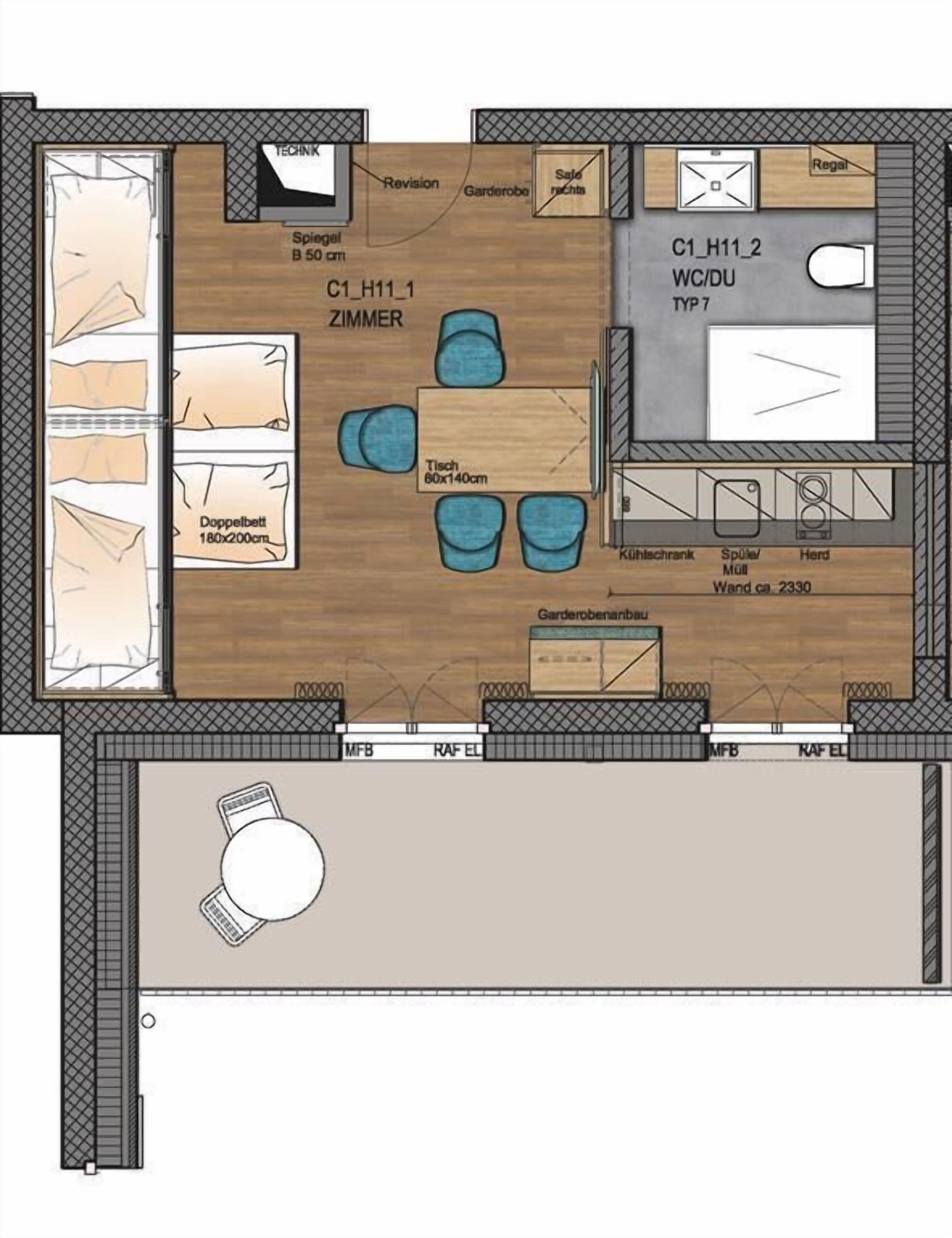 Distribución de una habitación de hotel con cama doble, una kitchenette pequeña, baño y zona de estar con mesa y sillas.