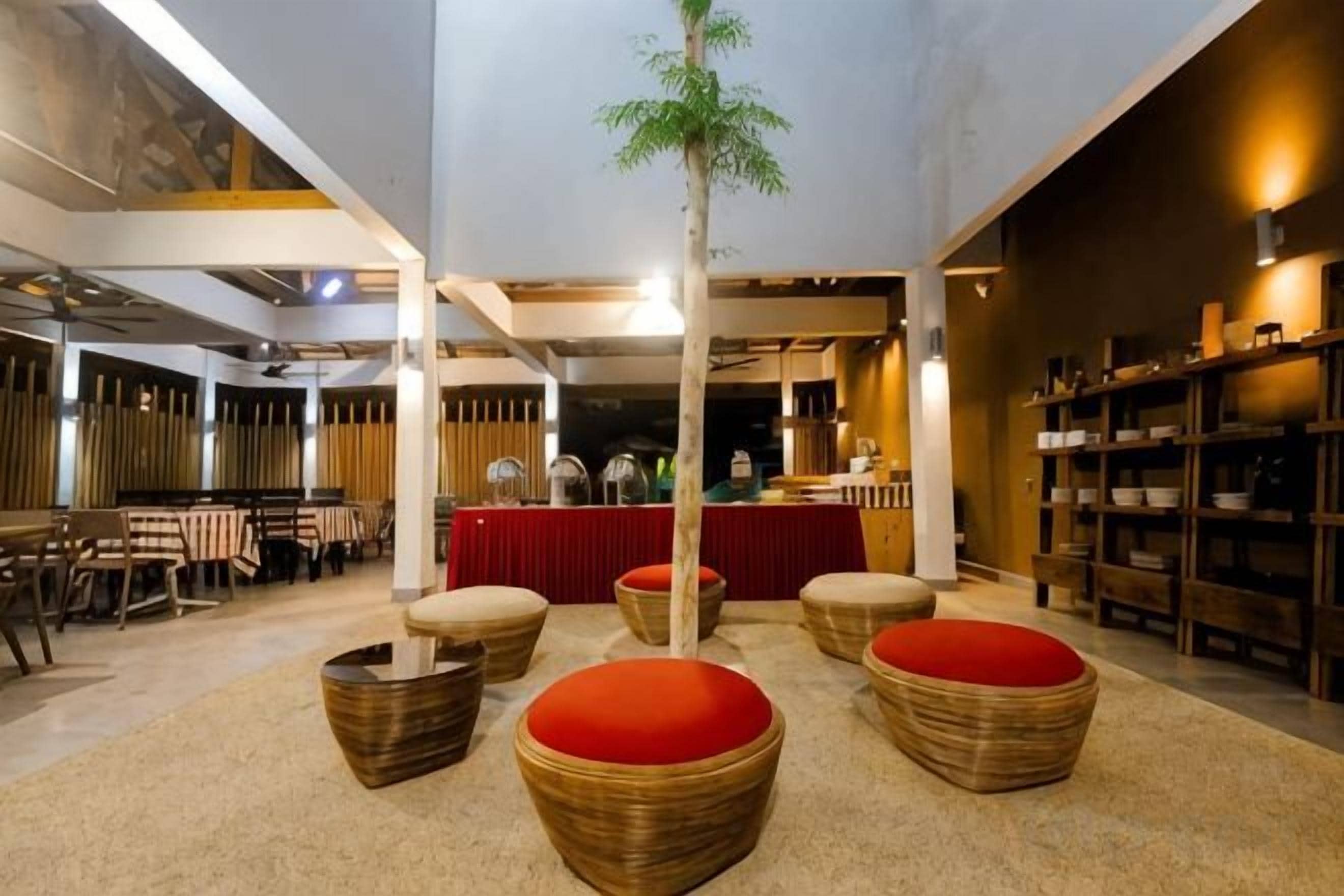 A restaurant with a high ceiling, exposed beams, and a central bar area. There are wicker chairs with red cushions and a small tree in the middle.