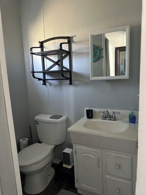 Hair dryer, towels, soap