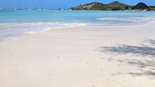 Una spiaggia con acqua turchese cristallina, sabbia bianca e velieri all'orizzonte.