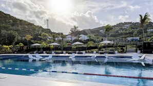 Una piscina con lettini e ombrelloni, circondata da vegetazione e case.