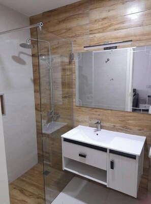 Hair dryer, towels, soap, toilet paper