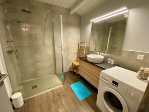 Hair dryer, towels, toilet paper