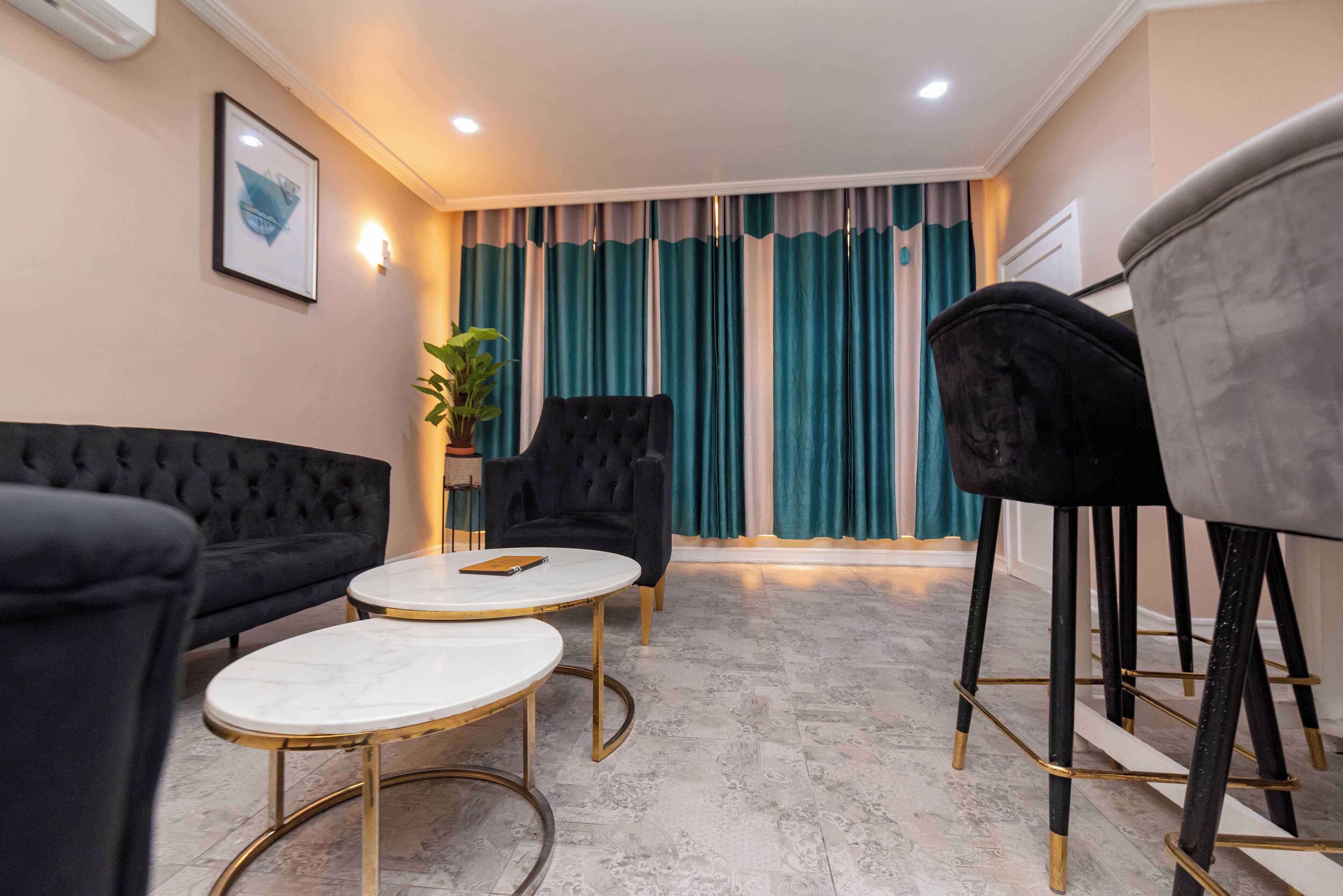 A modern living room with a black sofa, two round tables, a black armchair, and a potted plant.