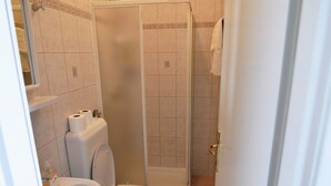 Une salle de bain avec des toilettes, un lavabo et une douche.