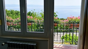 Un balcon avec vue sur la mer et orné de fleurs roses.