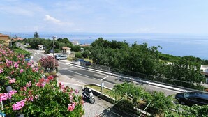 A coastal road with a clear view of the sea, surrounded by greenery and residential buildings.
