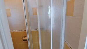 A bathroom with a shower enclosure, a toilet, and tiled walls.