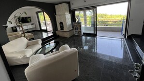A modern living room with a fireplace, a sofa, a coffee table, and a TV. - Tranquil Spacious Villa with Private Pool - Five Bedroom Villa with Balconies (Matulji)