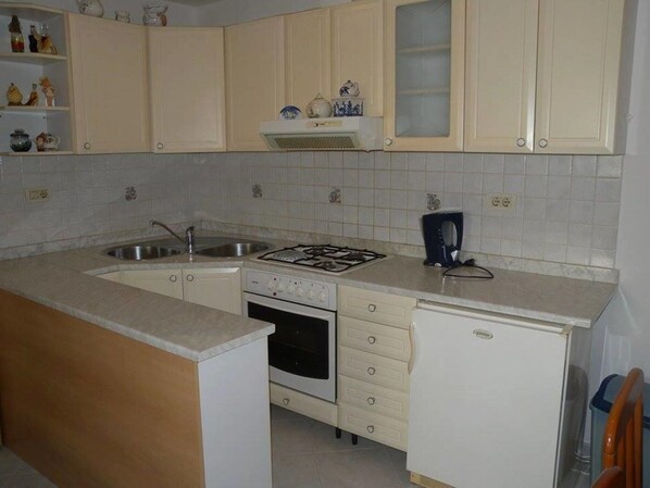 Fridge, oven, stovetop, cookware/dishes/utensils