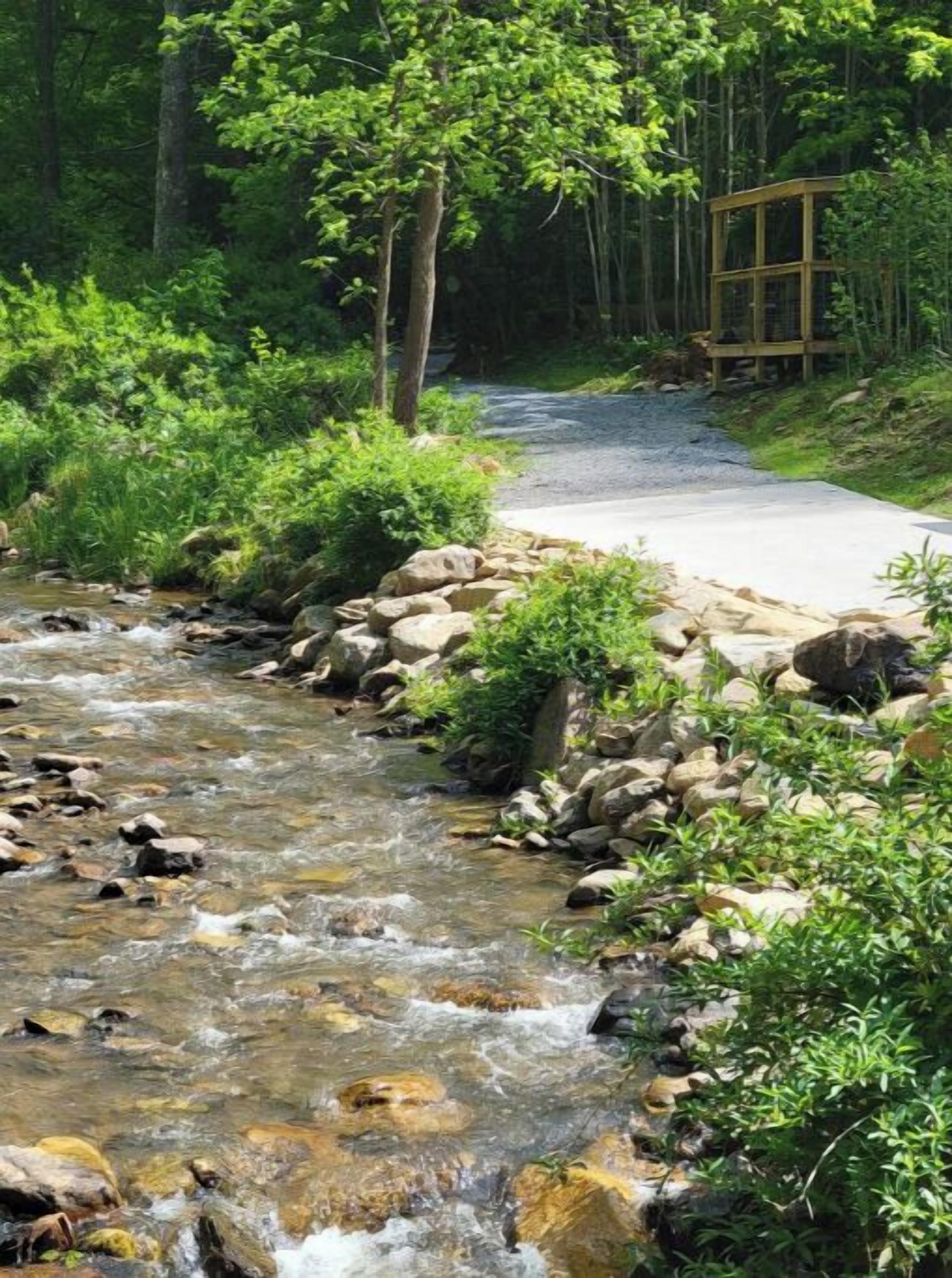 Ein Fluss mit Felsen und Grünpflanzen, eine Holzbrücke und ein gepflasterter Weg.