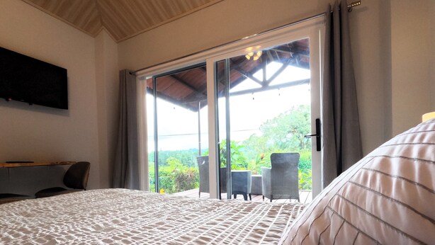 A bedroom with a bed, a flat-screen TV, a sliding glass door leading to an outdoor area with chairs and a table. - El Santuario Estate (Los Naranjos)