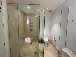 Douche, sĂšche-cheveux, serviettes fournies, savon