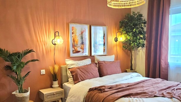 A bedroom with a large bed, two wall-mounted lamps, a ceiling light, a patterned rug, and a potted plant. - A change of scenery (Poitiers)