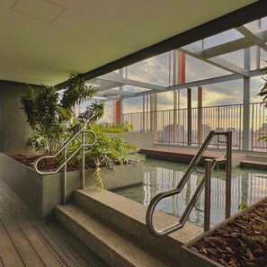 A pool area with steps, metal railings, and potted plants. - ON MELO ALVES (São Paulo)