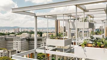 Una terrazza panoramica sul tetto con vista sulla città, caratterizzata da un design architettonico moderno con ringhiere bianche e fioriere con piante.
