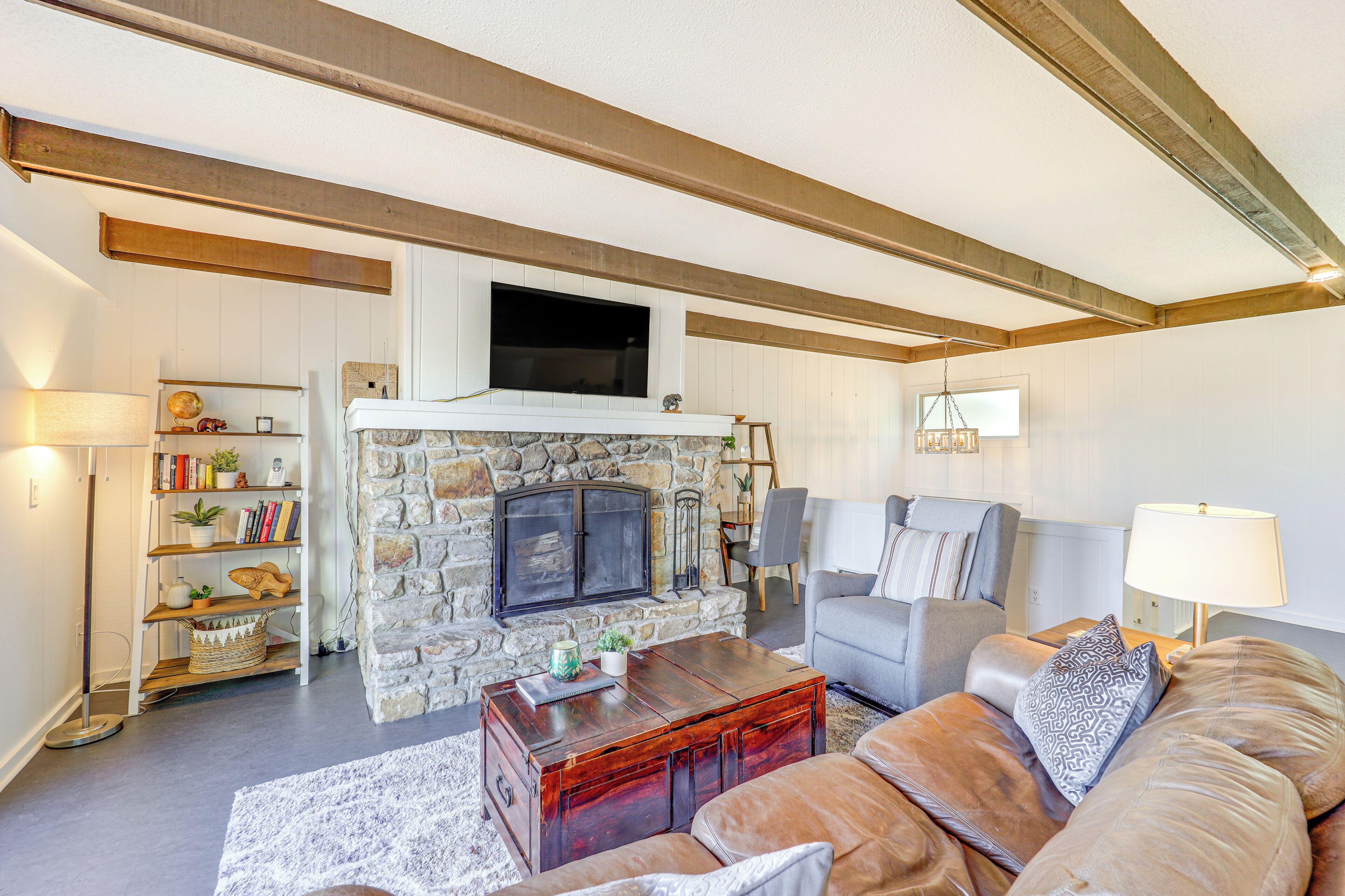 TV, fireplace, books