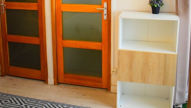 Une pièce dotée de deux portes en bois avec des panneaux en verre dépoli, d’une étagère blanche et d’un tapis à motifs, ainsi que d’une plante en pot.