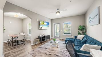 Smart TV, fireplace, foosball, table tennis