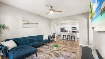Smart TV, fireplace, foosball, table tennis
