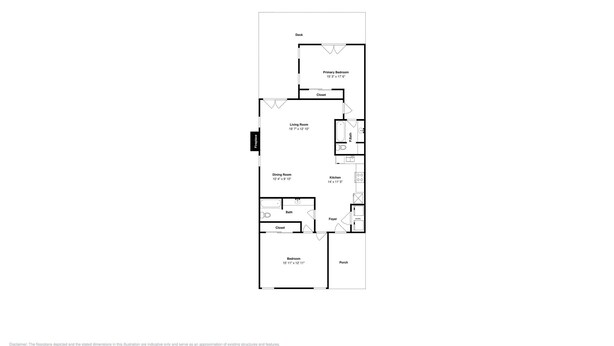 A floor plan with a primary bedroom, living room, dining room, kitchen, bathroom, foyer, closet, and porch. - Alto Paradise by Ruidoso Vacation Rentals (Alto)